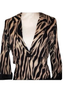VOICE Vintage Lightweight Zebra Print Blazer Jacket Waist Length Black Tan Large